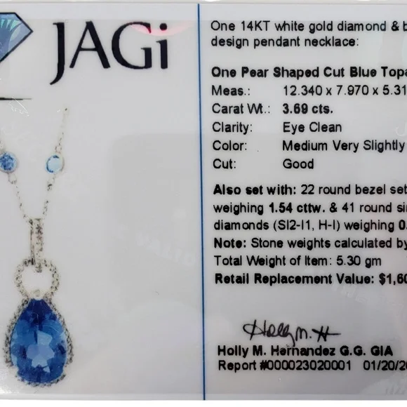 14 Karat White Gold Blue Topaz Diamond Pendant Necklace JAGi Cert. #13787